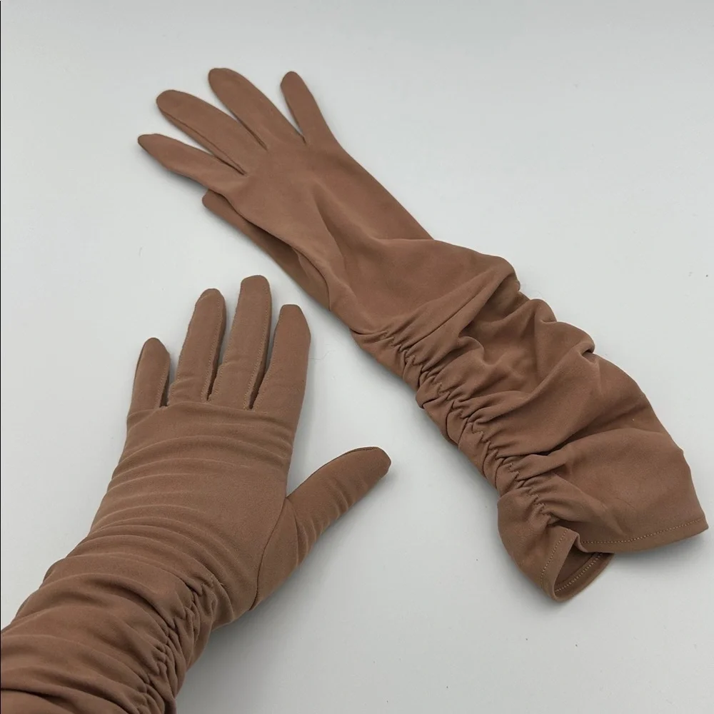 Vintage 60s Van Raalte Brown Tan Elbow Gloves One Size